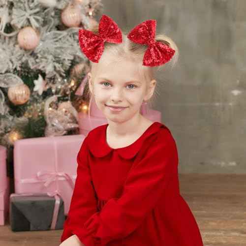 CN 5 Inch Red Glitter Hair Bows for Girls Alligator Clips Sparkly Sequin Hair Accessories for Kids Toddler Women on Birthday Wedding Christmas and Party