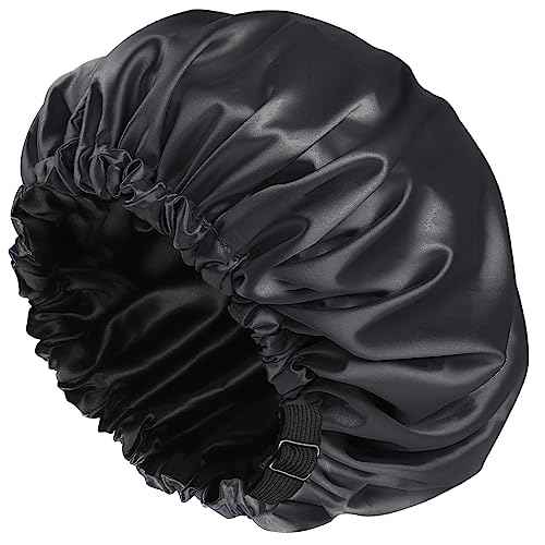 Shower Caps, Silk Lined Shower Cap for Women,Reusable,Adjustable Size, Washable & Waterproof,Large Satin Shower Cap-Black