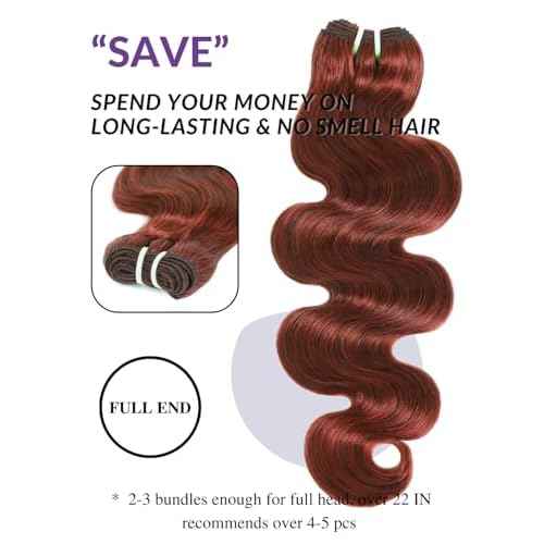 13A Double Drawn Reddish Brown Thick Body Wave Bundles Raw Human Hair 20 Inch, Shed Free Copper Red Auburn Soft 100% Raw Human Hair Single Bundles Colored 33B Weave