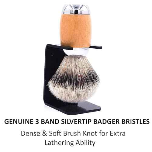 Taconic Shave's Extra Dense 100% 3-Band Silvertip Badger Luxury Shaving Brush ?Deluxe Beechwood and Chrome Handle - Shaving Stand Included