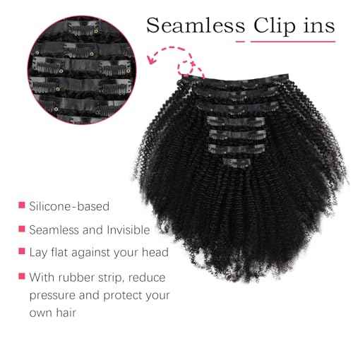 Sassina Curly Clip in Remy Human Hair Extensions PU Seamless Virgin Brazilian Afro Real Human Hair Extensions Clip in Natural Black 20 Inch Double Weft Clip on Hair Extensions 7PCS 120G