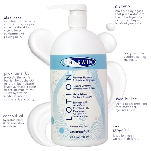 TRISWIM Swim Lotion 32oz | Neutralizes Chlorine, Bromine & Saltwater Odors | Hydrates, Restores & Nourishes Dry Skin | Aloe Vera, Shea Butter & Coconut Oil | Zen Grapefruit Scent
