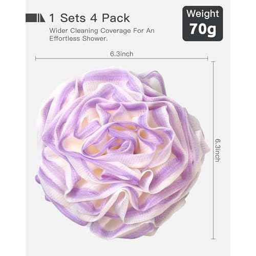Large Bath Sponge Pouf 70g, 6.3 Inch Exfoliating Shower Loofah, Soft Durable PE Mesh with Reinforced Knotting, Rich Lather Body Wash Scrubber, 4-Pack Elegant Colors Gift Set£¨B-4Pcak£©
