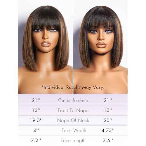 LUVME HAIR 10 Inch Yaki Straight Bob Wig with Bangs Human Hair Glueless HD Lace Bob Wig with Brown Highlights, Ready to Go Short Wigs For Women 180 Density (Breathable Cap)