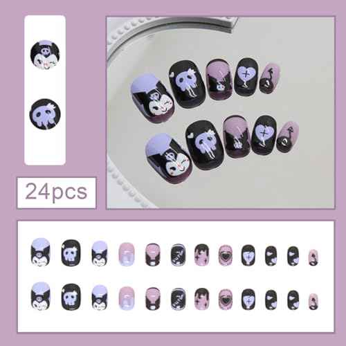 24PCS Black Rabbit Short Press on Nails,Black and Purple Press on Nails Short for Girls and Women,Fake Nails Kit with Jelly Glue