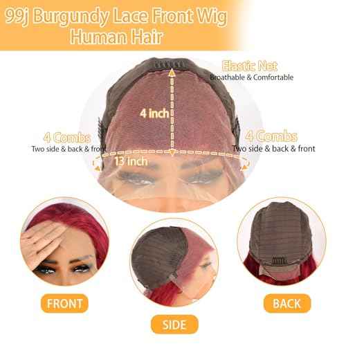 Burgundy Lace Front Wigs Human Hair 99j 13X4 Body Wave Lace Front Wigs 180% Density 100% Brazilian Human Virgin Hair Glueless HD Red Wigs Pre Plucked with Bleached Knots Natural Hairline (26inch)