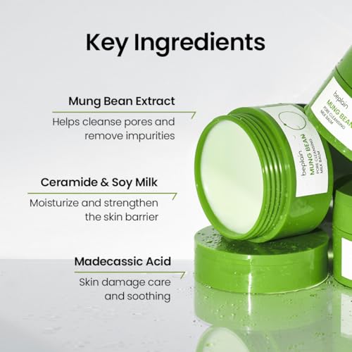 beplain Mung Bean Pore Cleansing Milk Balm (3.38 fl.oz/100ml) | Fragrance-Free | Korean Makeup Remover for Sensitive Skin | Non-Greasy Sorbet Texture with Ceramides | All-in-One Facial Cleanser