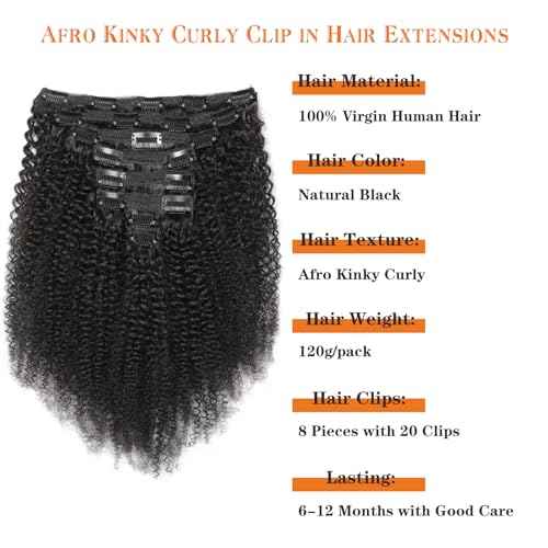 Afro Kinky Curly Clip in Hair Extensions Human Hair 4C Hair Clip in Extensions 8pcs 120g/set 10A Brazilian Virgin Natural Hair Clip Ins for Black Women Natural Black Color 24 Inch