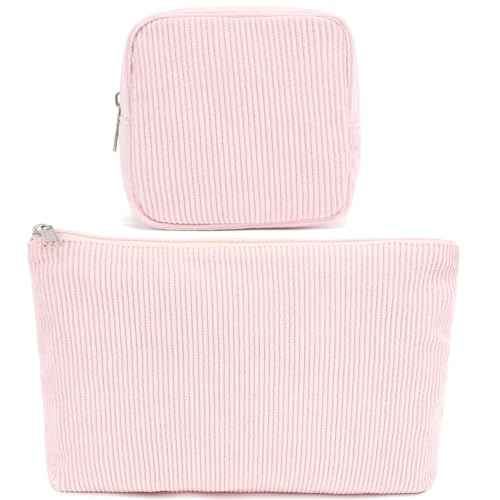 Corduroy Makeup Bag, Travel Cosmetic Bag Organizer Toiletry Bag Make Up Bags with Zipper & Compartments for Women Girls, 2PCS