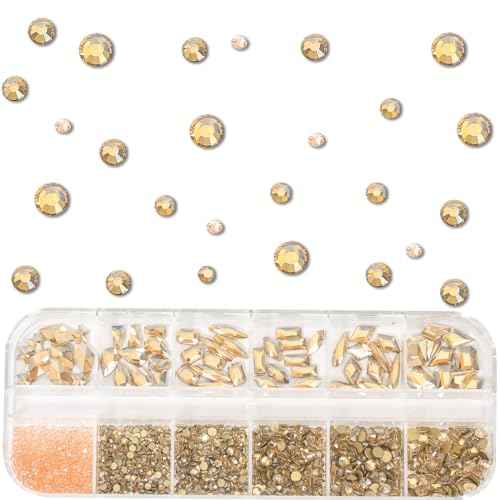 HNUIX Champagne Gold Nail Rhinestones Kit Flatback Nail Charms Glass Gems Stones 1450Pcs Nail Art Gems Diamonds Jewels Multi Shapes Sizes Nail Charms Tweezer & Wax Pen for Nails DIY Faces Eyes Makeup