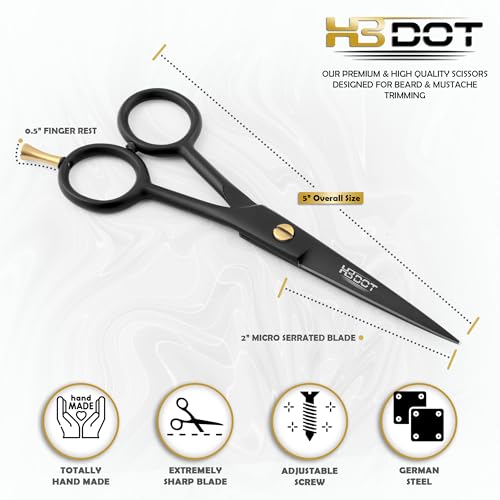 HB-DOT 5" Professional Mustache & Beard Scissors, German Stainless Steel Mustache Scissors, Mustache Scissors for Men with PU Leather Pouch and Comb set. (Black, 5 inches)