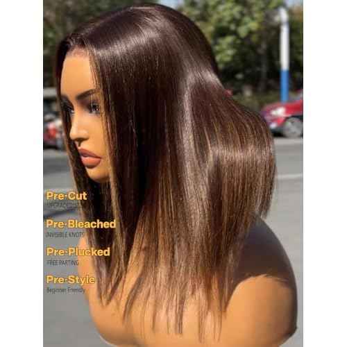Sunber Ombre Brown Highlights Blonde Bob Human Hair Glueless Wig Bye Bye Knots Pre Everything 7x5 Lace Front Bob Wigs Pre Cut Lace Pre Plucked Pre Bleached Knots 150% Density 3S Put On and Go 12Inch
