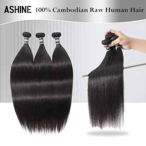 ASHINE Human Hair Bundles Body Wave Straight, Unprocessed Cambodian Raw Hair Bundles for Women Natural Black 14 16 18 Inch, Keep Soft and Silky After Multiple Washes