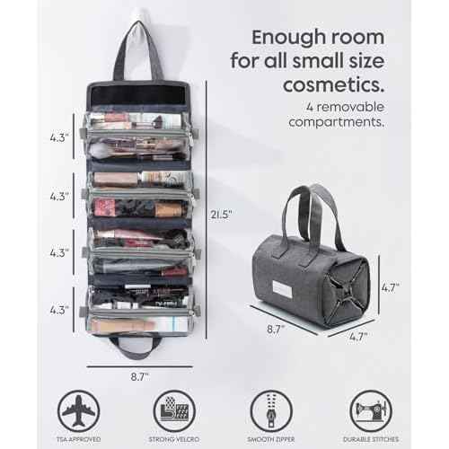 Small Roll Up Toiletry Bag for Traveling Women - Travel Makeup Bag with 4 Removable Compartments - Hanging Toiletry Bag - Cosmetic Travel Bag - Medicine Bag - TSA Approved Toiletry Bag