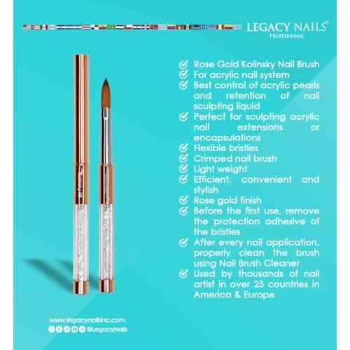 Legacy Nails Professional Rose Gold Kolinsky Nail Brush #10 - Perfect For Sculpting Acrylic Nail Extensions Flexible bristles Light weight