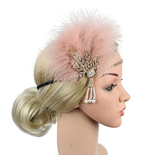 STIOEDYUAN 1920s Flapper Feather Headband Art Decor Gatsby Rhinestone Leaf Medallion imitation Pearl Headpiece Hair Accessories Women (Pink)