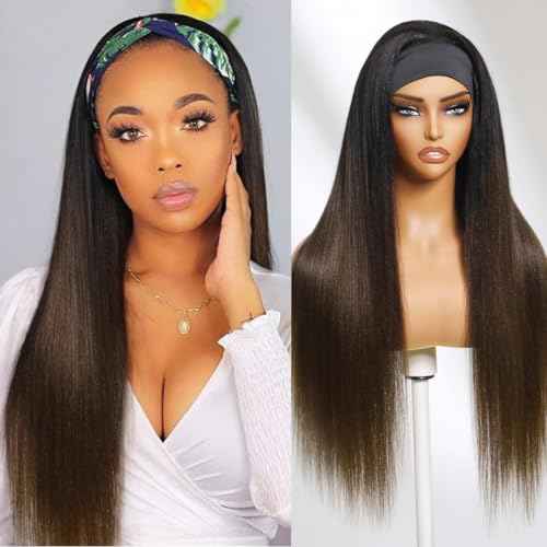 YIROO Headband Human Hair Wig Ombre Brown Yaki Straight Glueless Put on and Go Wigs with Dark Roots Drawstring Chestnut Brown 12A Highlight No Lace No Glue 30S Ready to Wear Headband Wigs 18Inch