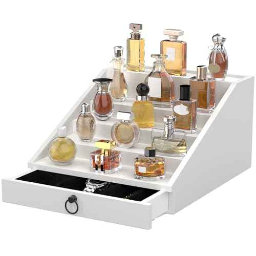 Wooden Cologne Organizer for Men Enhanced 5 Tier Cologne Stand Shelf Perfume Organizer with Velvet Lined Drawer & Hidden Storage Perfume Display Holder for Dresser Nice Gift (Elegant White)