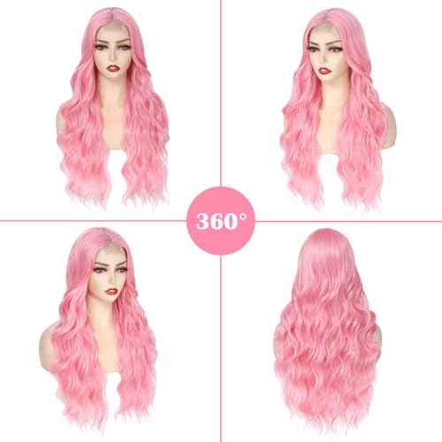 Long Pink Wavy Wig Middle Part for Women 26 Inch Light Pink Curly Wavy Wigs Natural Looking Synthetic Heat Resistant Fiber Wig for Daily Party Use