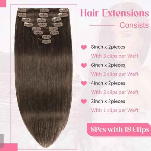 Clip in Hair Extensions Real Human Hair 3.6oz/100g Clip ins 100% Brazilian Remy Human Hair Extension for Women 8pcs Per Set with 18 Clips Double Weft (18 Inch #4 Chocolate Brown)