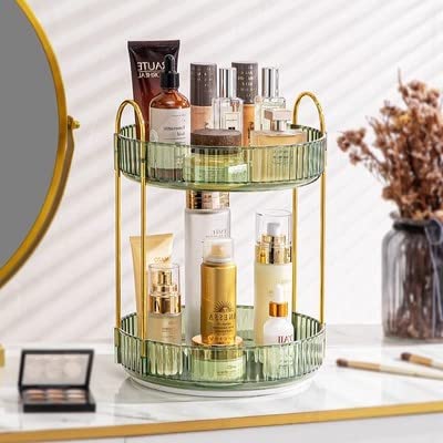 DEAMACE 360° Rotating Makeup Organizer for Vanity, Spinning Bathroom Counter Organizer, Large Capacity Counter Shelf for Skincare, Cosmetics, Perfumes, Lotions, Lipsticks (2 Tiers, Green)