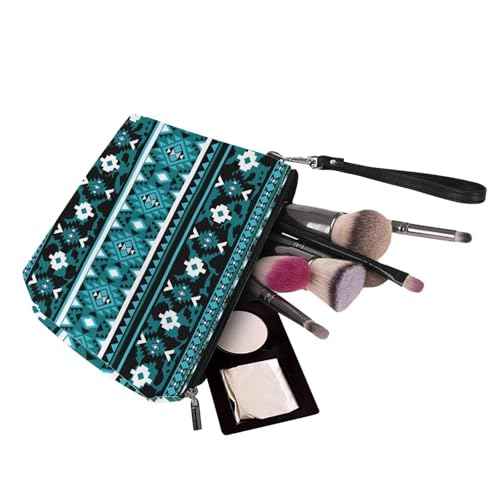 GIFTPUZZ Aztec Blue Cosmetic Makeup Bags Pouch Organizer Case Toiletry Storage Bag for Women Travel Gym Storage Brush Pouch Zippered Waterproof Coin Case