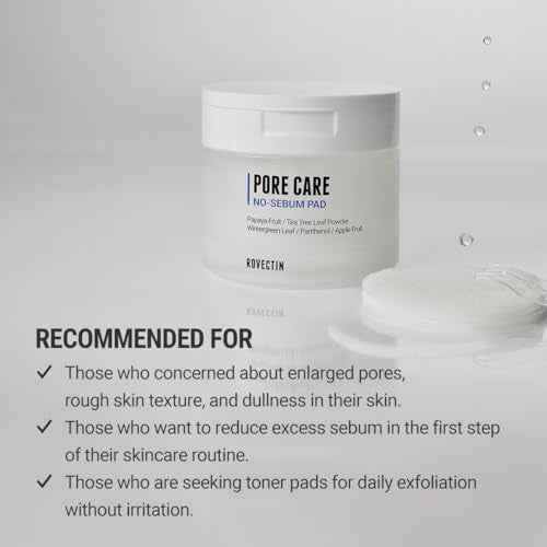 ROVECTIN Pore Care No-Sebum Pad for Sebum Clearing and Pore Clearing with Green Fruit Complex, Gentle Exfoliating Pads - 60 Pads