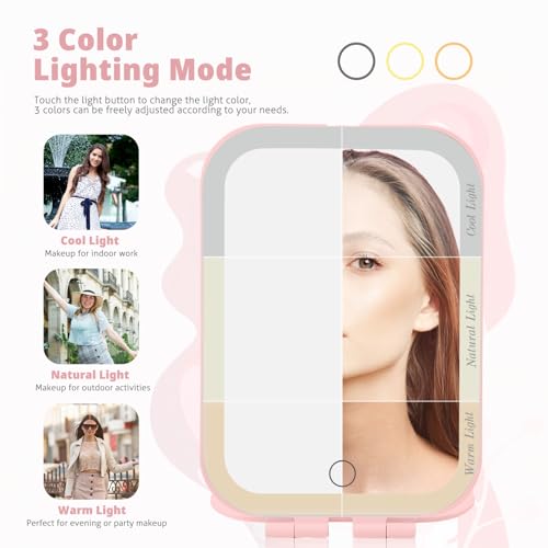 Travel Makeup Mirror, Portable Mirror with 3 Adjustable Light Settings, USB-Rechargeable Vanity Mirror with Lights£¬Gift for Women and Girls (Pink)