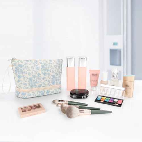 Ethereal Small Makeup Bag, 2 Layers Travel Make up Organizer Bag with Makeup Brush Holder, Portable Cosmetic Bag for Women/Girls, Blue Flower