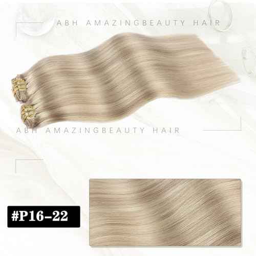 ABH AMAZINGBEAUTY HAIR Clip in Human Hair Extensions 20 Inch 8pcs/120g Ash Blonde Highlights Golden Blonde Real Hair Extensions Double Weft
