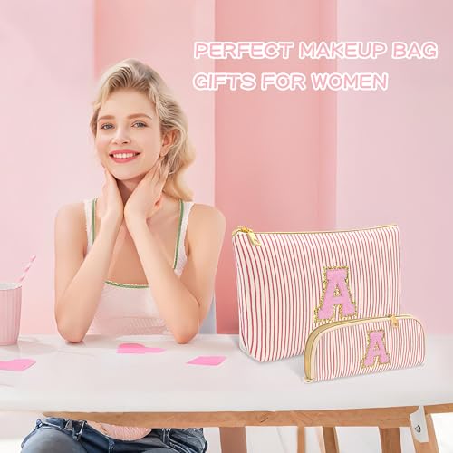 2 PCS Initial Makeup Bag, Personalized Travel Cosmetic Bag/11 12 13 14 15 16 Years Old Girl Gifts, Preppy Stuff Birthday Gifts for Women Friends, Skincare Bag, Teen Girl Gift Trendy Stuff, Red M