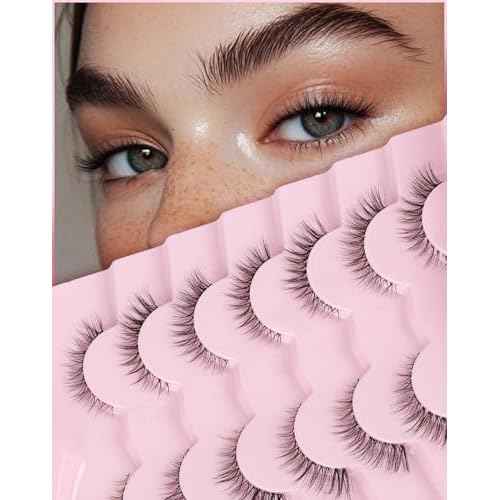 Eyelashes Natural Lashes Cat Eye 12MM Fake Eyelashes Wispy C Curl Lash Strips False Lashes Pack with 0.1MM Clear Band 3D Volume False Eyelash ChirpyLuna 7 Pair