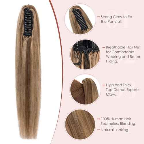 Human Hair Claw Clip Ponytail, Claw Clip Human Hair Ponytail,Effortless Application with Secure Hold,Style in Seconds,Quick Styling Solutions for Busy Lives 16"/109g Medium Brown Mix Dark Blonde