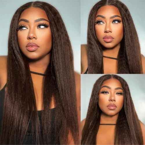 16 18 20 Inch Chocolate Brown Kinky Straight Bundles Human Hair 12A Grade 100% Unprocessed Brazilian Virgin Human Hair Weave Yaki Straight Bundles Brown