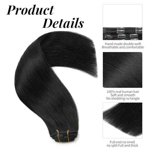 Clip in Hair Extensions Real Human Hair, 100% Brazilian Virgin Real Human Hair 7pcs Per Set with 16Clips Double Weft for Women (20 Inch, 120g, 1B Natural Black)
