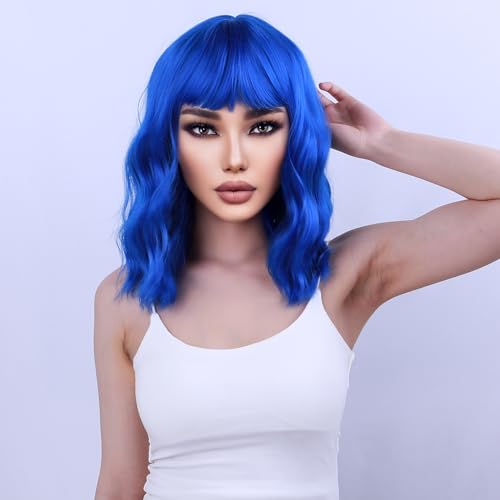 WTHCOS Blue Wig Short Curly Wig with Bangs Dark Blue Wig for Women Short Wave Wig Synthetic Wigs for Cosplay Costume Party with Wig Cap