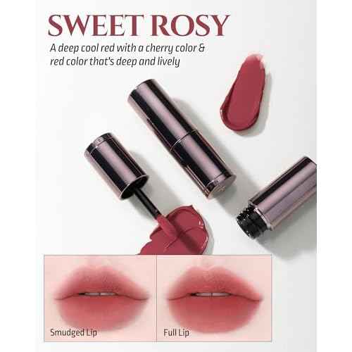 HEVVYMAKEUP Blurring Effect Lip Tint - Airy Velvet Matte Lips - Vegan, Longwear, Vibrant, Buildable Creamy Soft Texture - Korean Lip Makeup, Sweet Rosy, 0.13 fl.oz.