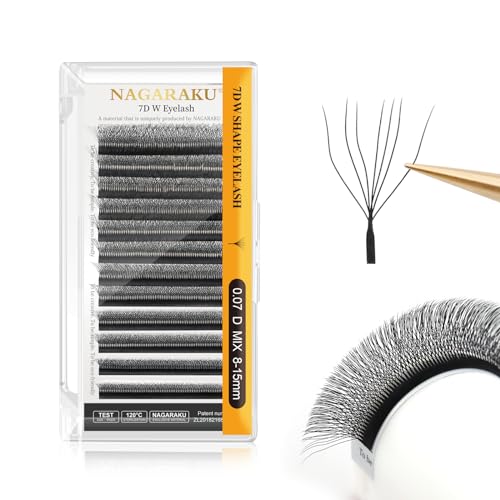 NAGARAKU W Shape Eyelash Extension 7D Cluster Premade Fans Eye Lashes Faux Mink Matte Black Easy Fanning False Eyelashes (0.07mm D curl 8-15mm Mix)