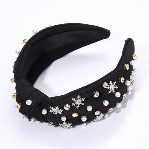 Christmas Headband for Women Rhinestone Snowflake Headband Embellished Crystal Pearl Knotted Headbands Wide Top Knot Xmas Holiday Headband Christmas Hair Accessories Outfits Gifts (Snowflake Black)