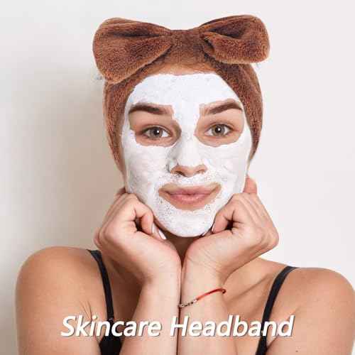 VELSCRUN Spa Headband, Makeup Face Wash Skincare Headbands, 6 Pcs Coffee Color Sponge Bow Tie Get Ready HairBand Facial Wristband Set, Stuff for Teen Girls Women Trendy Fashion Hair Accessories
