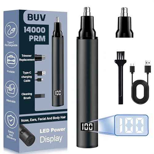 BUV Nose Hair Trimmer with LED Display- 2025 Professional Painless Ear Hair Trimmers for Men and Women, USB Rechargeable Nose Hair Trimmer Clipper ? 14,000 RPM IPX7 Waterproof Dual Edge Blades, Black