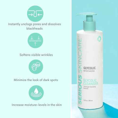 Serious Skincare Glycolic Acid Face Wash Cleanser 12 oz. + Ultrasonic Facial Cleansing Brush Tool for Women & Men, Gentle, Creamy, Oil Free + Skin Retexturizing Formula, Makeup +Blackhead Remover