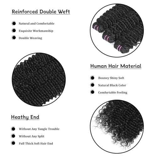 15A Raw Human Hair Bundles Deep Wave Bundles Human Hair,Triple Lifespan Indian Virgin Hair,No Tangle Shedding,Multiple Washes Keep Texture Silky Soft (3 Bundle Natural Black, 16 16 16)