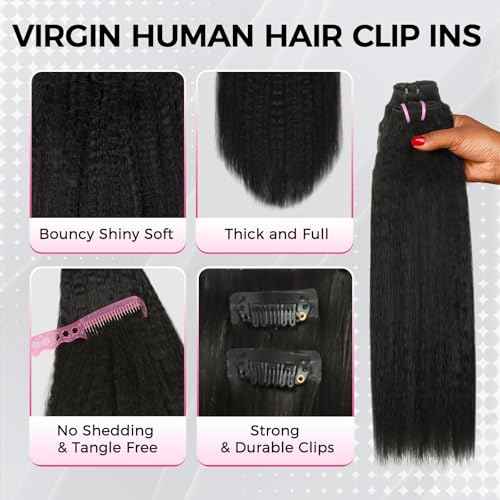 Lashey Invisi Edge & Seamless Clip in Hair Extensions Human Hair, 14 Inch 130g 9pcs(5pcs Invisi Edge& 4pcs Seamless) Real Virgin Human Hair Extensions, Natural Black Kinky Straight Hair
