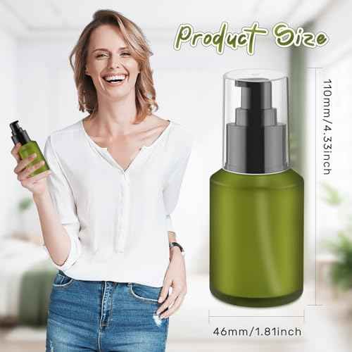 5 Pieces 60ml/2oz Empty Green Glass Lotion Pump Bottles,Refillable Essential Oil Jars with 1 Funnel and 1 Pipette,Cosmetic Sample Containers for Foundation,Cream,Gel,Shampoo