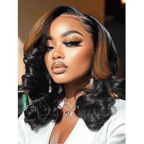 Nadula Bye Bye Knots Glueless Caramel Blonde Highlight Body Wave Wig Human Hair with Face Framing Layers, Pre Cut 7x5 HD Lace Front Highlight Wigs Pre Plucked Bleached Knots Ready to Wear 14inch