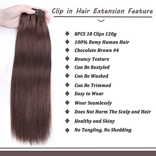 Clip in Hair Extensions Real Human Hair Chocolate Brown Hair Extensions Clip in Human Hair 8 Pcs 120g Straight Remy Hair Extensions(4,14inch)
