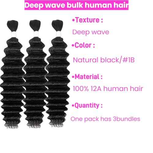 Deep Wave Human Braiding Hair 24Inch 3 Bundles 150g Bulk Human Hair for Braiding No Weft Human Braiding Hair for Boho Braids Wet and Wavy 100% Brazilian Virgin Curly Hair for Braiding Hair Extensions
