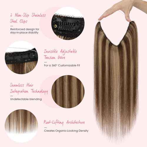 Halo Hair Extensions,Prokyvity Halo Hair Extensions Real Human Hair,Invisible Adjustable Wire Extensions for Seamless Blending 20 inch/70g Medium Brown Streaked with Dark Blonde