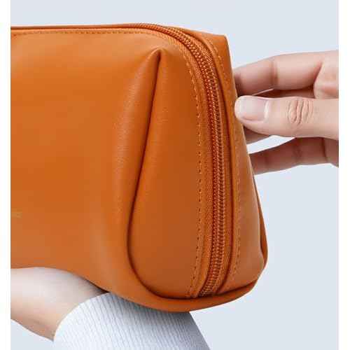 Aveniee Small Travel Makeup Bag, Vegan Leather Cosmetic Pouch for Purse,Wide-open Toiletry Organizer with Dividers & Zipper, Beauty Storage for Women-Brown